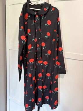 Girls Black Dress with Red Rose Print and Peter Pan Collar